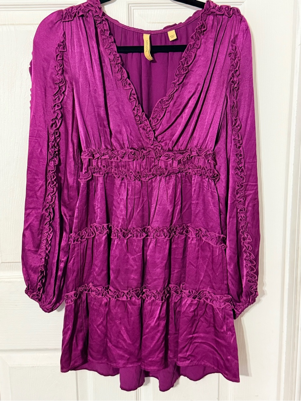 Shyanne Fuchsia Ruffle Long Sleeve Mini Dress Satin Boho Western Size S